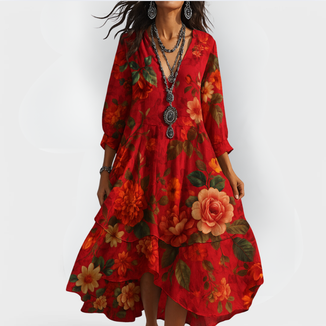 Sienna | Boho Floral Midi Dress with Tiered Hem