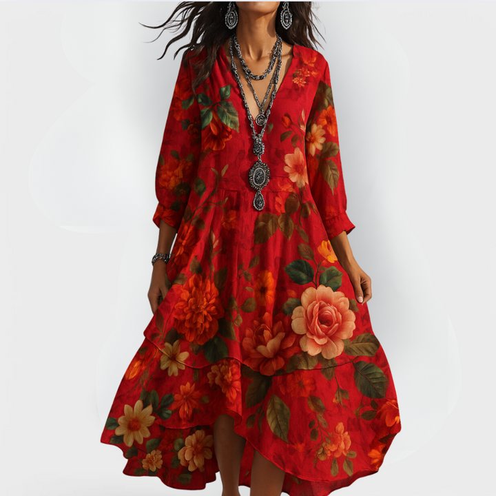 Sienna | Boho Floral Midi Dress with Tiered Hem
