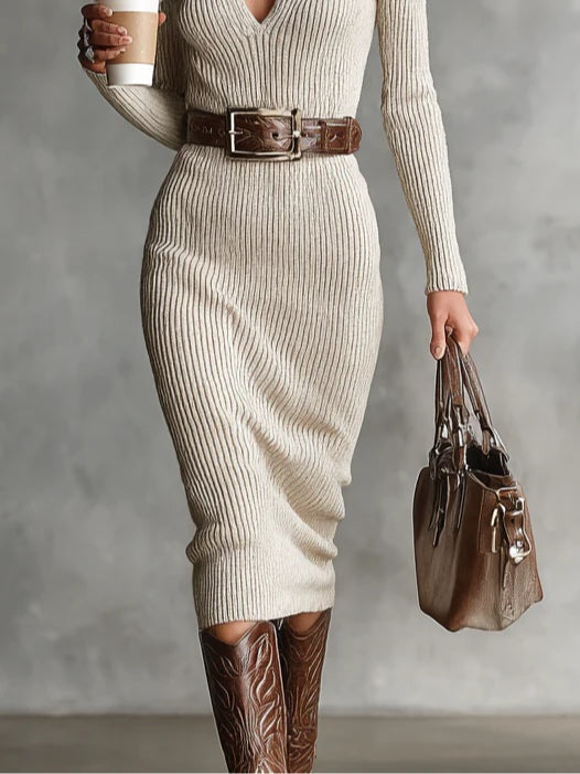 Adelaide | Knit Midi Dress with V Neck and Belt