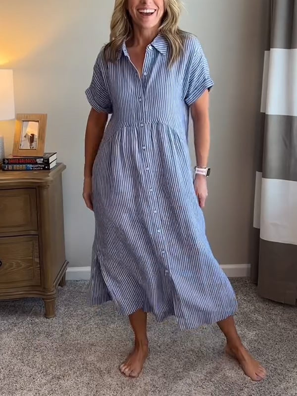 Hazel | Striped Midi Shirt Dress with Buttons