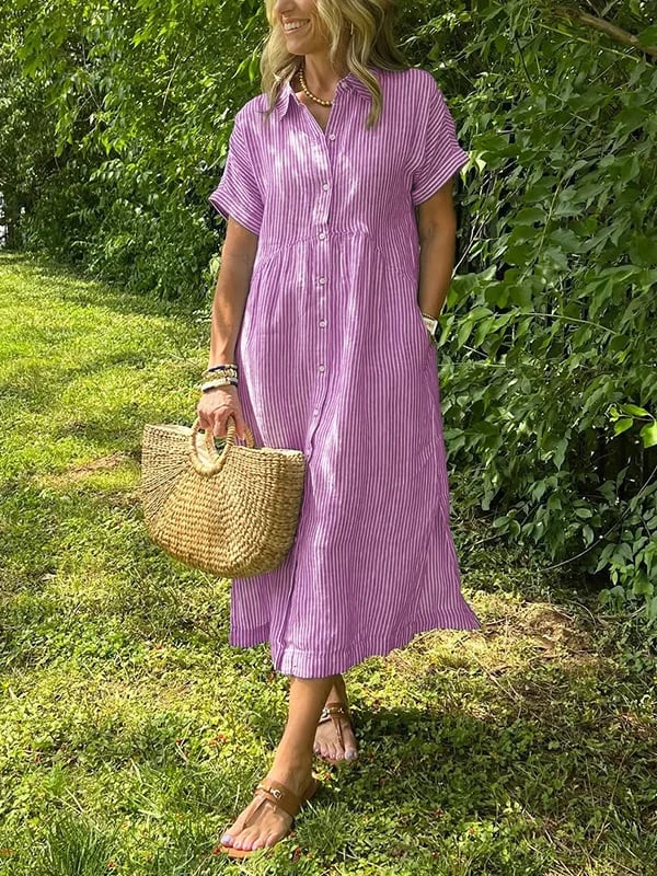 Hazel | Striped Midi Shirt Dress with Buttons