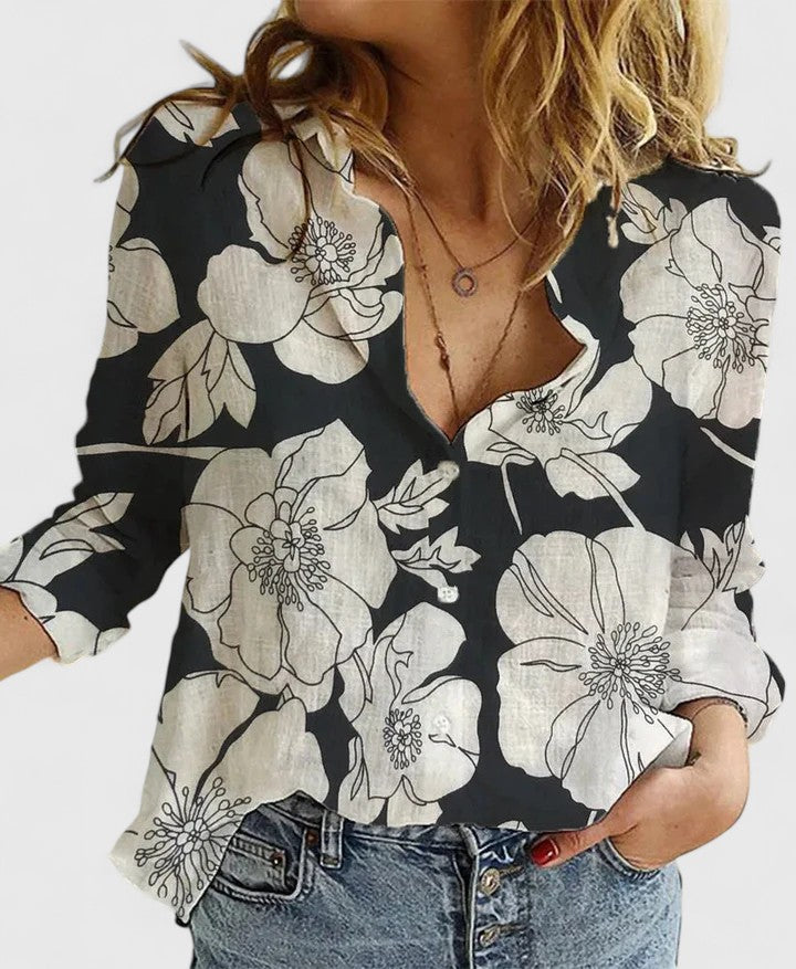 Annabella | Women's Linen V-Neck Button Blouse
