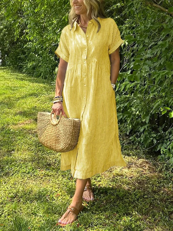 Hazel | Striped Midi Shirt Dress with Buttons