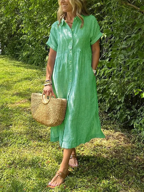 Hazel | Striped Midi Shirt Dress with Buttons