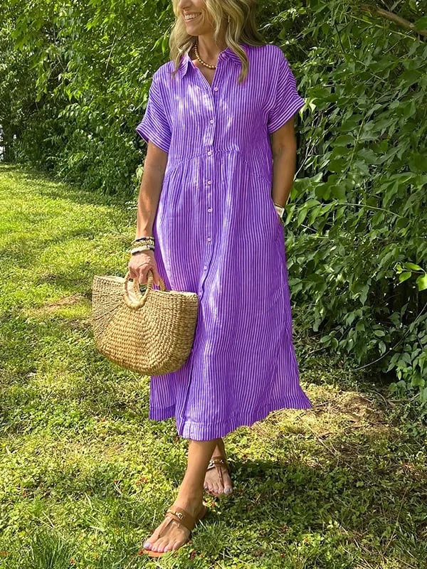 Hazel | Striped Midi Shirt Dress with Buttons