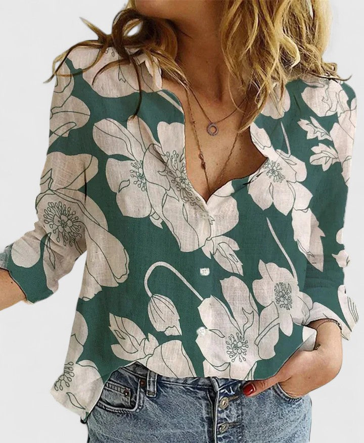 Annabella | Women's Linen V-Neck Button Blouse