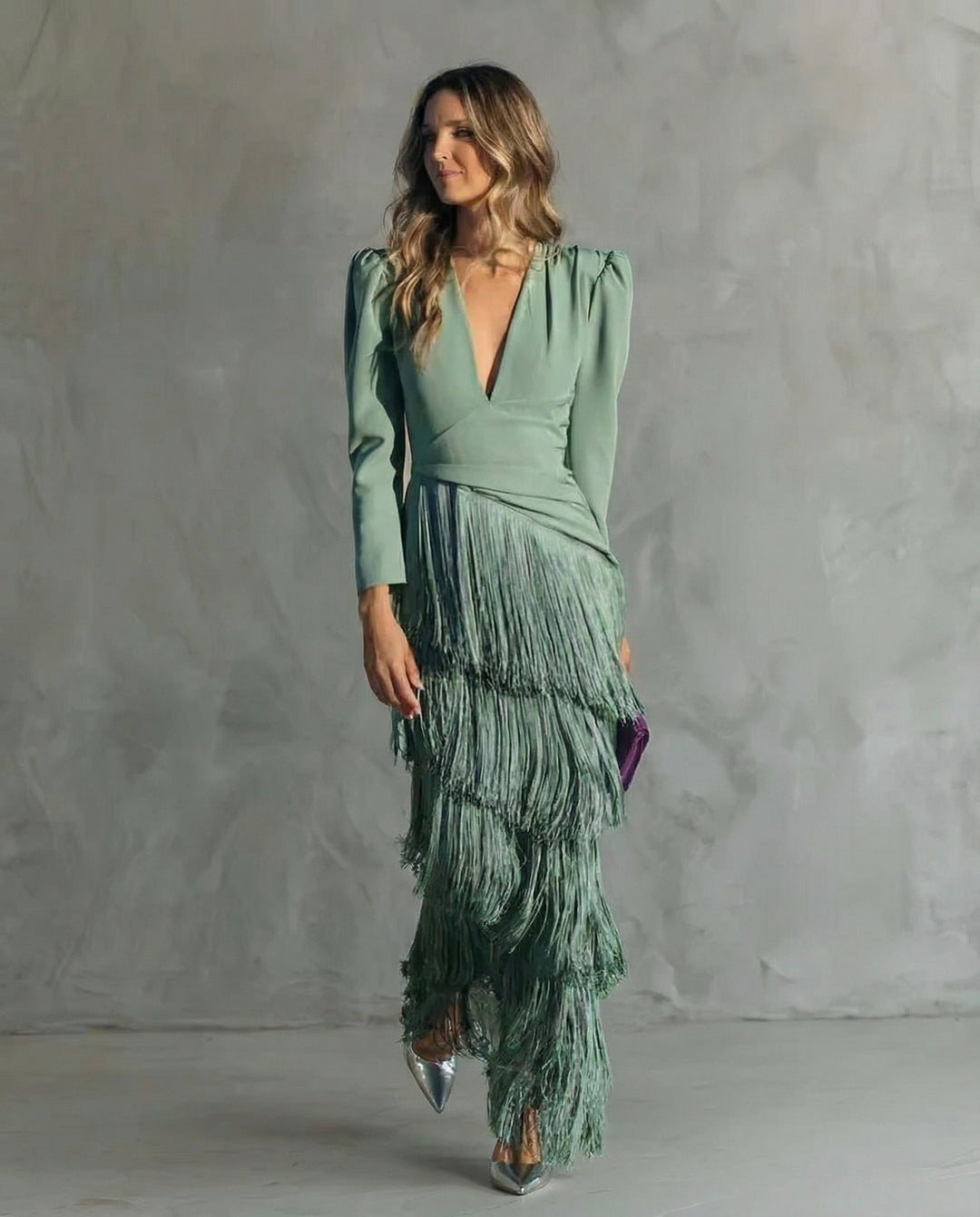 Lillian | Elegant Midi Dress with Fringe Sleeves