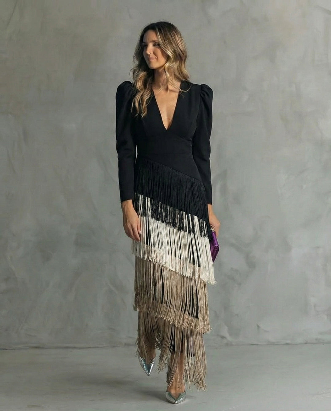 Vivienne | Fringe Sleeve Midi Dress