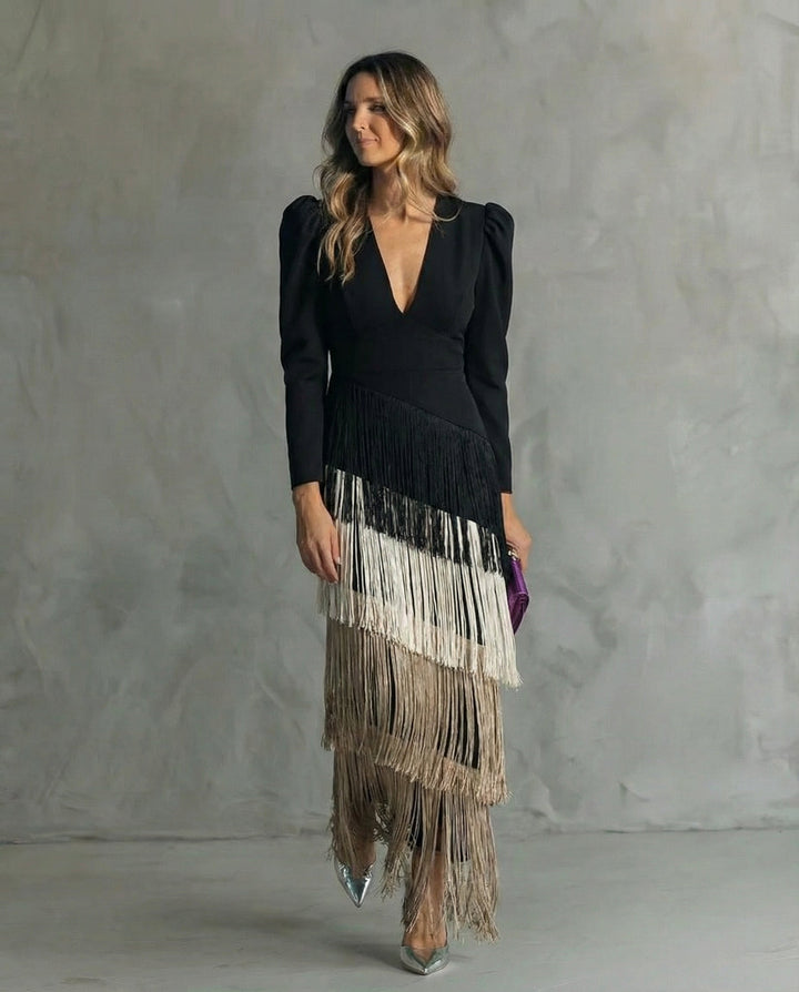 Lillian | Elegant Midi Dress with Fringe Sleeves