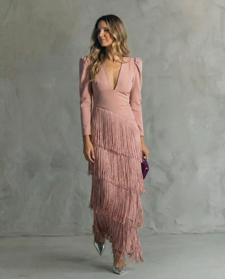 Lillian | Elegant Midi Dress with Fringe Sleeves