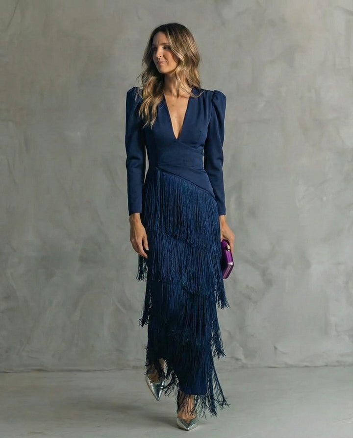 Lillian | Elegant Midi Dress with Fringe Sleeves