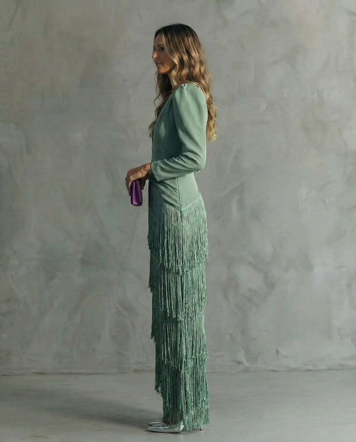Vivienne | Fringe Sleeve Midi Dress