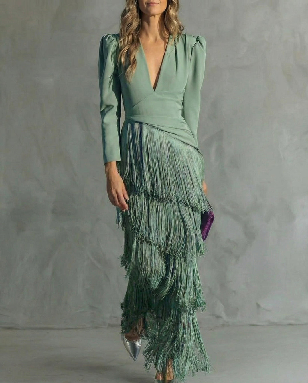 Lillian | Elegant Midi Dress with Fringe Sleeves
