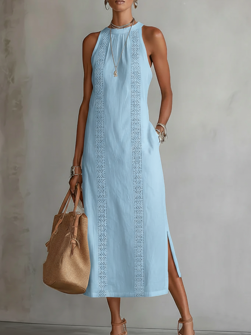 Adeline | Sleeveless Lace Detail Midi Dress with Side Slit