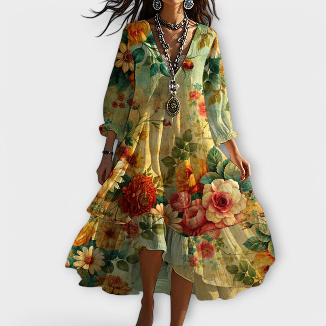 Sienna | Boho Floral Midi Dress with Tiered Hem