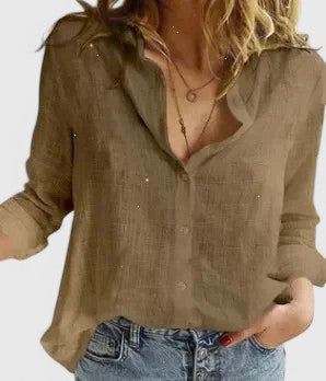 Annabella | Women's Linen V-Neck Button Blouse