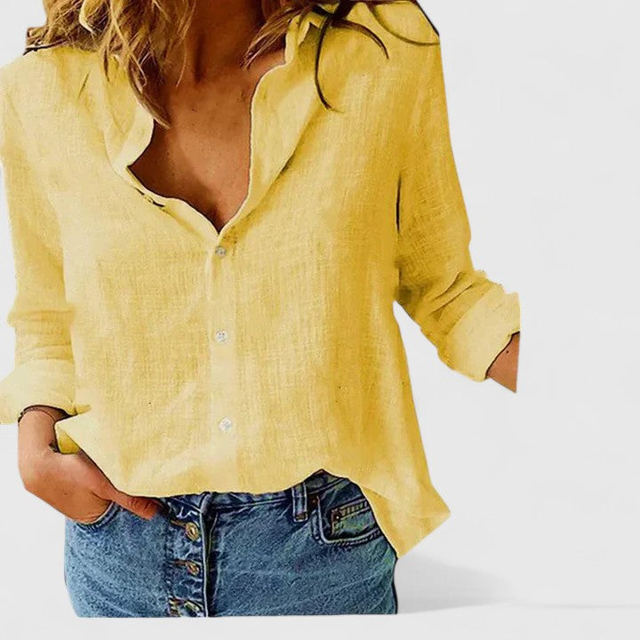 Annabella | Women's Linen V-Neck Button Blouse