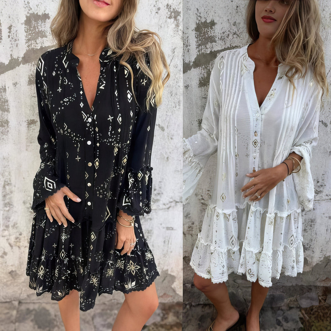 Magnolia | Boho Midi Dress with Gold Foil Detail
