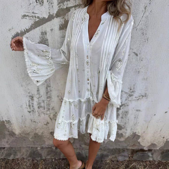 Magnolia | Boho Midi Dress with Gold Foil Detail