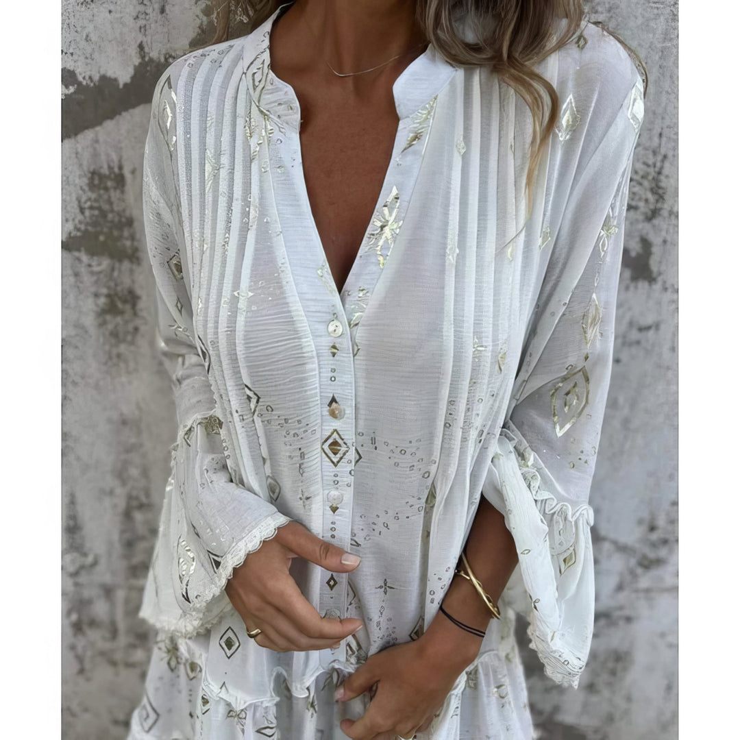 Magnolia | Boho Midi Dress with Gold Foil Detail