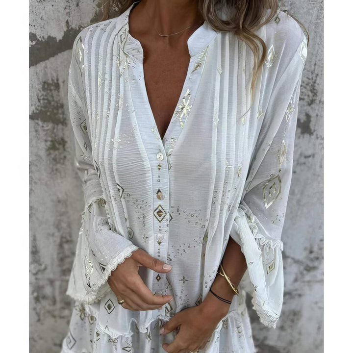 Magnolia | Boho Midi Dress with Gold Foil Detail