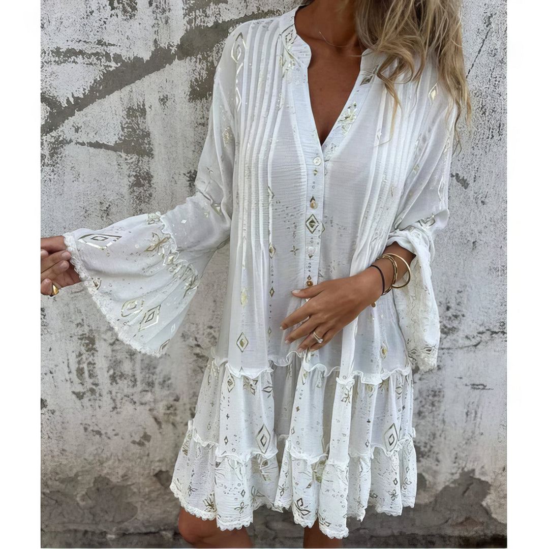 Magnolia | Boho Midi Dress with Gold Foil Detail